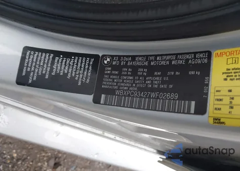 2007 BMW X3 3.0Si z USA, uszkodzony, nr VIN WBXPC93427WF02689